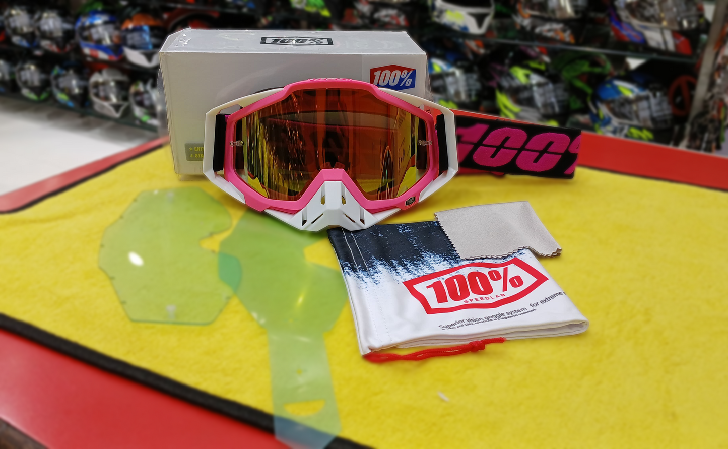 100% RIDING GOGGLE RACE CRAFT - PINK WHITE - GOLDEN MIRROR LENS