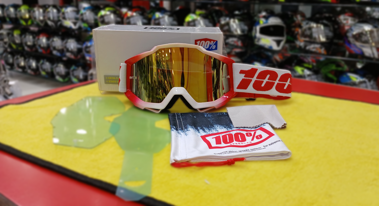 100% RIDING GOGGLE RACE CRAFT - WHITE RED - GOLDEN MIRROR LENS