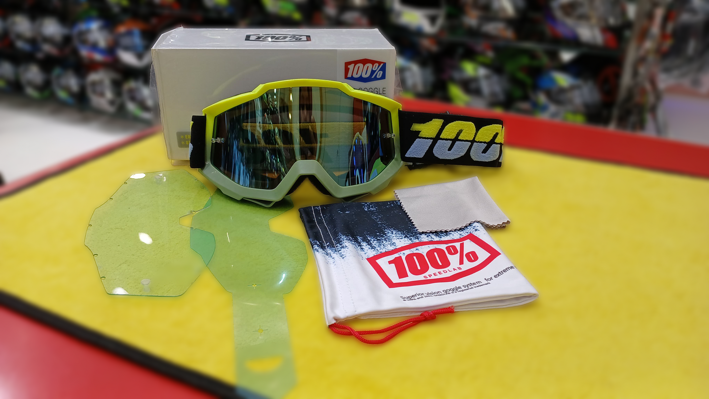 100% RIDING GOGGLE ACCURI - NEON GREY - LIGHT BLUE MIRROR LENS
