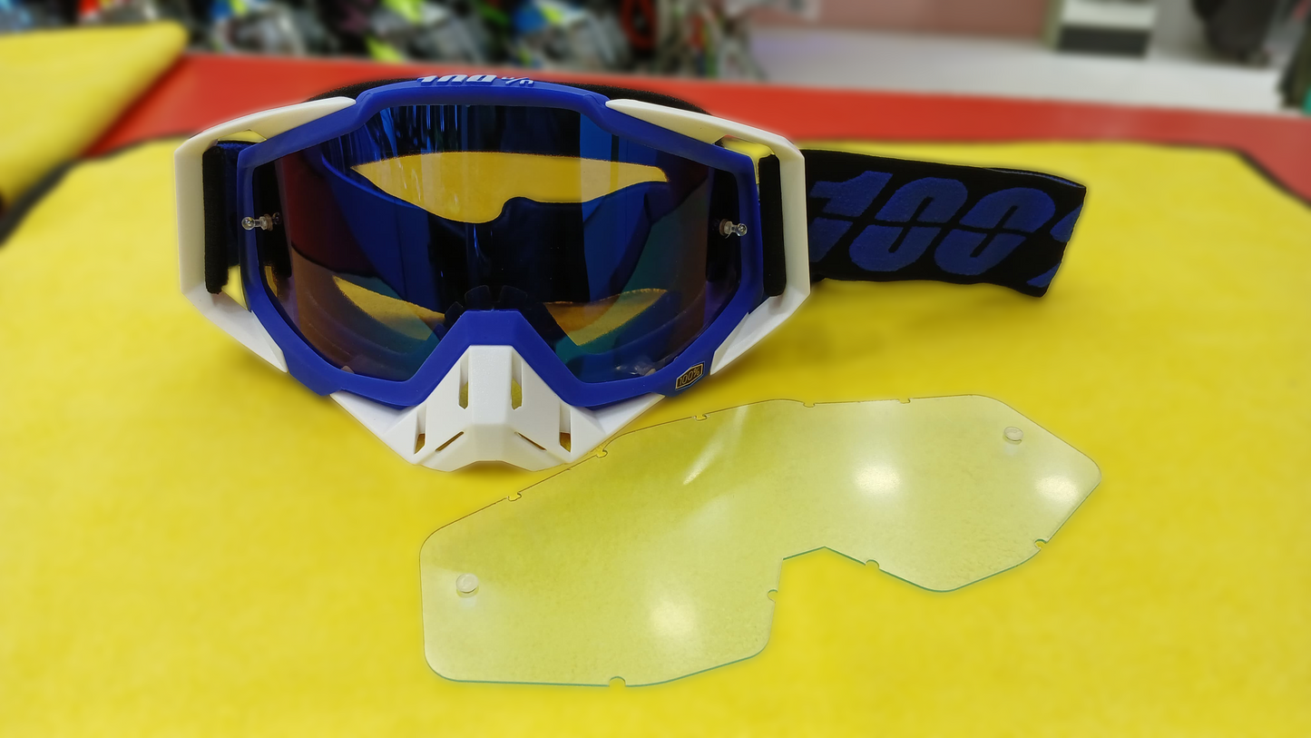 100% RIDING GOGGLE RACE CRAFT -WHITE BLUE - BLUE MIRROR LENS