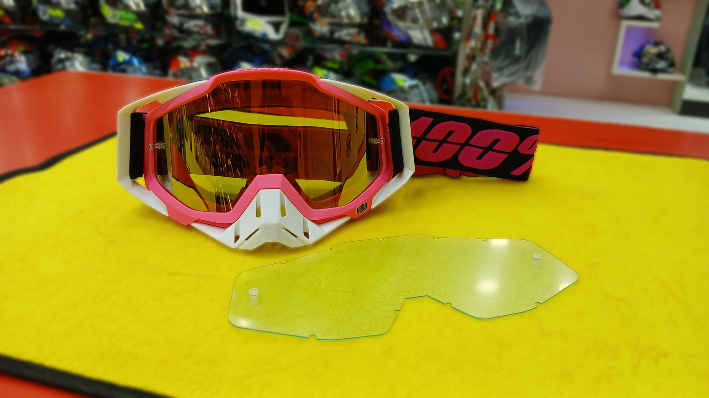 100% RIDING GOGGLE RACE CRAFT - PINK WHITE - GOLDEN MIRROR LENS