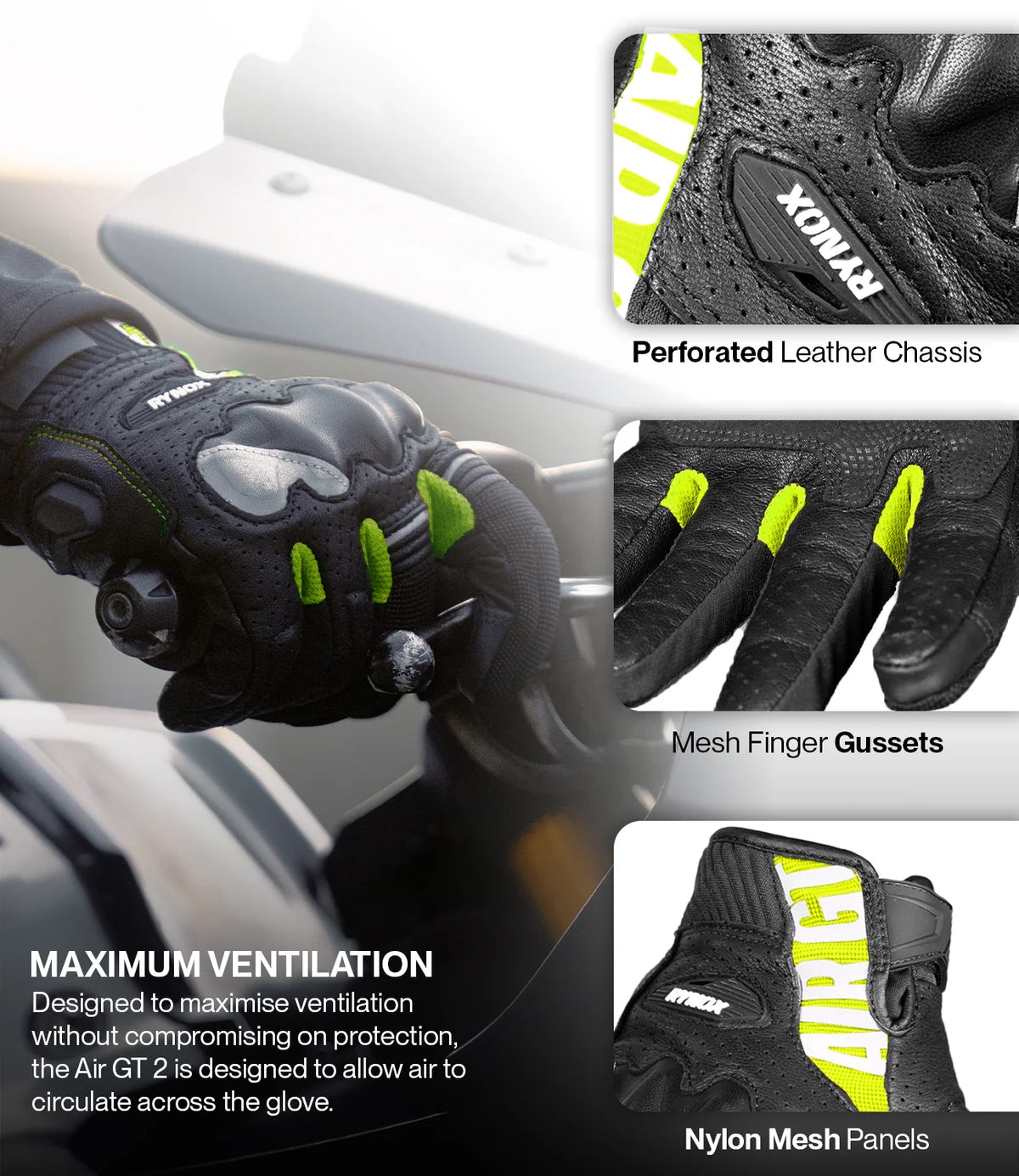 RYNOX AIR GT 2 GLOVES - Black Hi-Viz Green