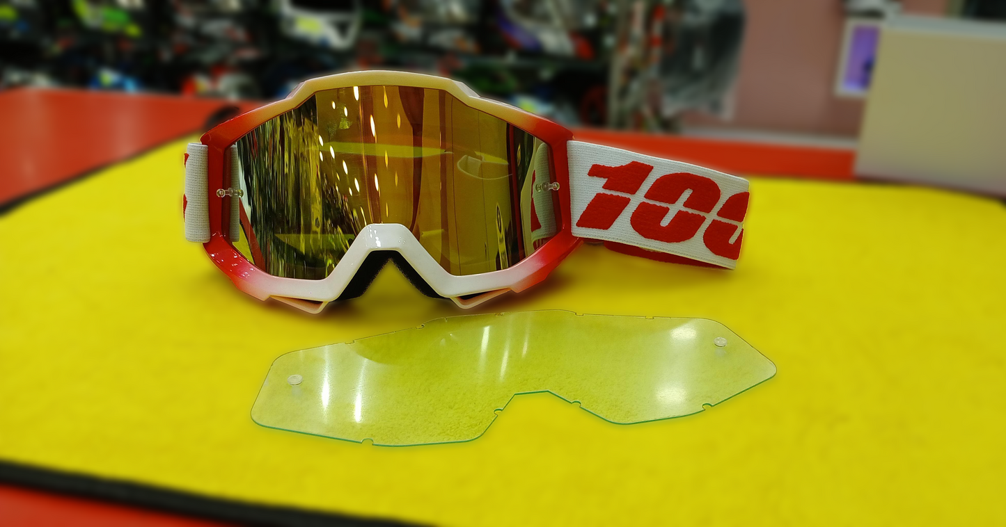100% RIDING GOGGLE RACE CRAFT - WHITE RED - GOLDEN MIRROR LENS